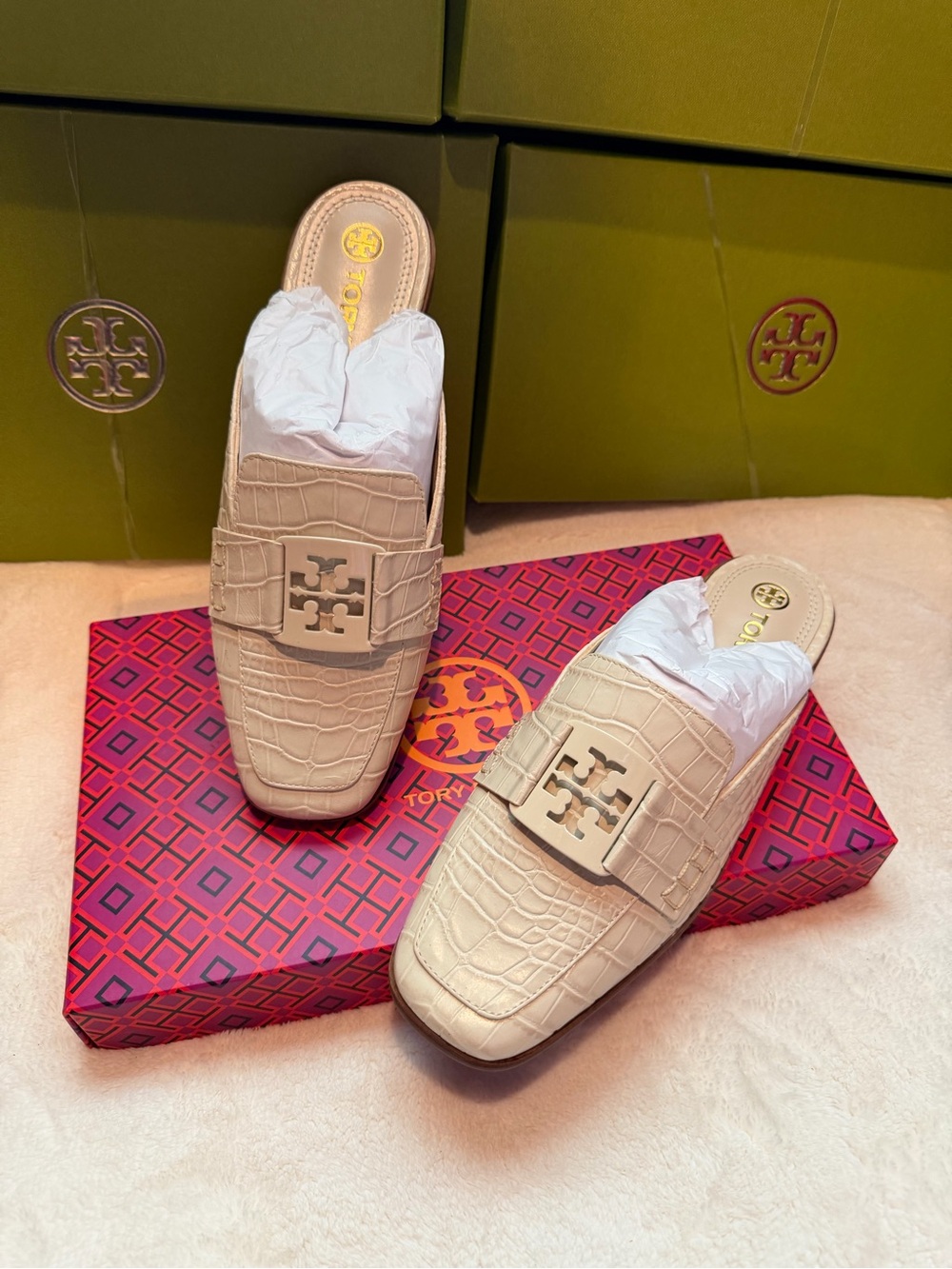 Tory Burch Georgia Cream Croc-Embossed Leather Backless Loafers